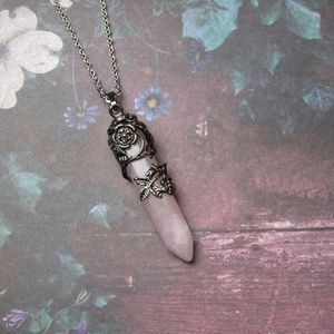 Rose Quartz Floral Stone Point Necklace 20" Stainless Steel Chain